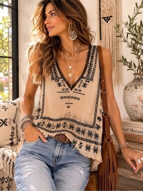 Ecote Urban Outfitters Embroidered Sheer Boho Tank Top Beige Black M